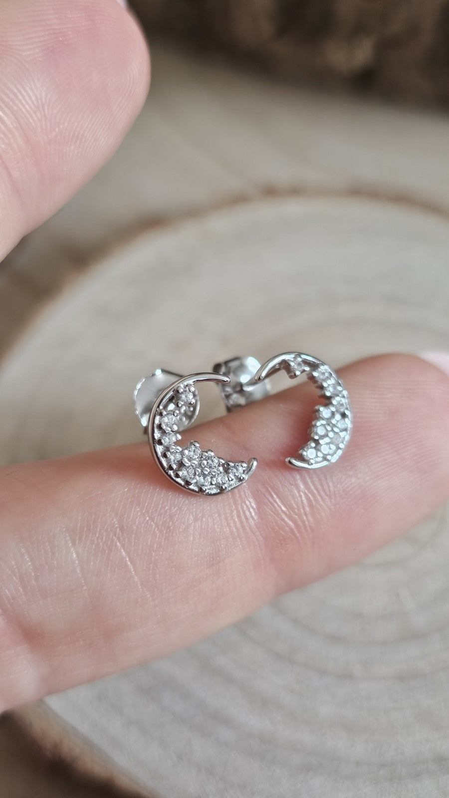 925 Sterling Silver CZ Crescent Moon Stud Earrings Rhodium Plated New