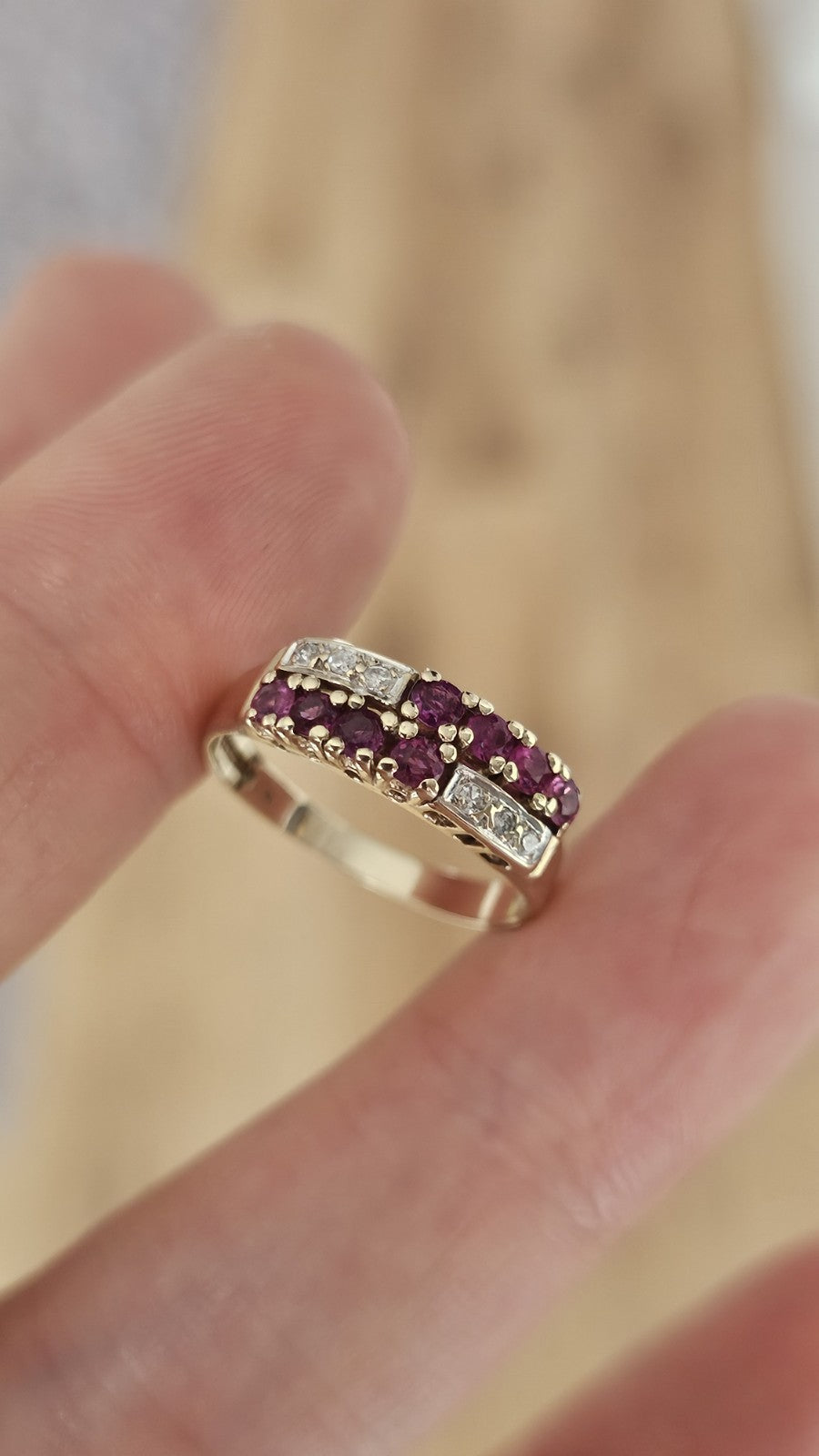 Vintage 1987 ,9ct Yellow Gold Natural Ruby & Diamond Double Row Ring Size M 1/2