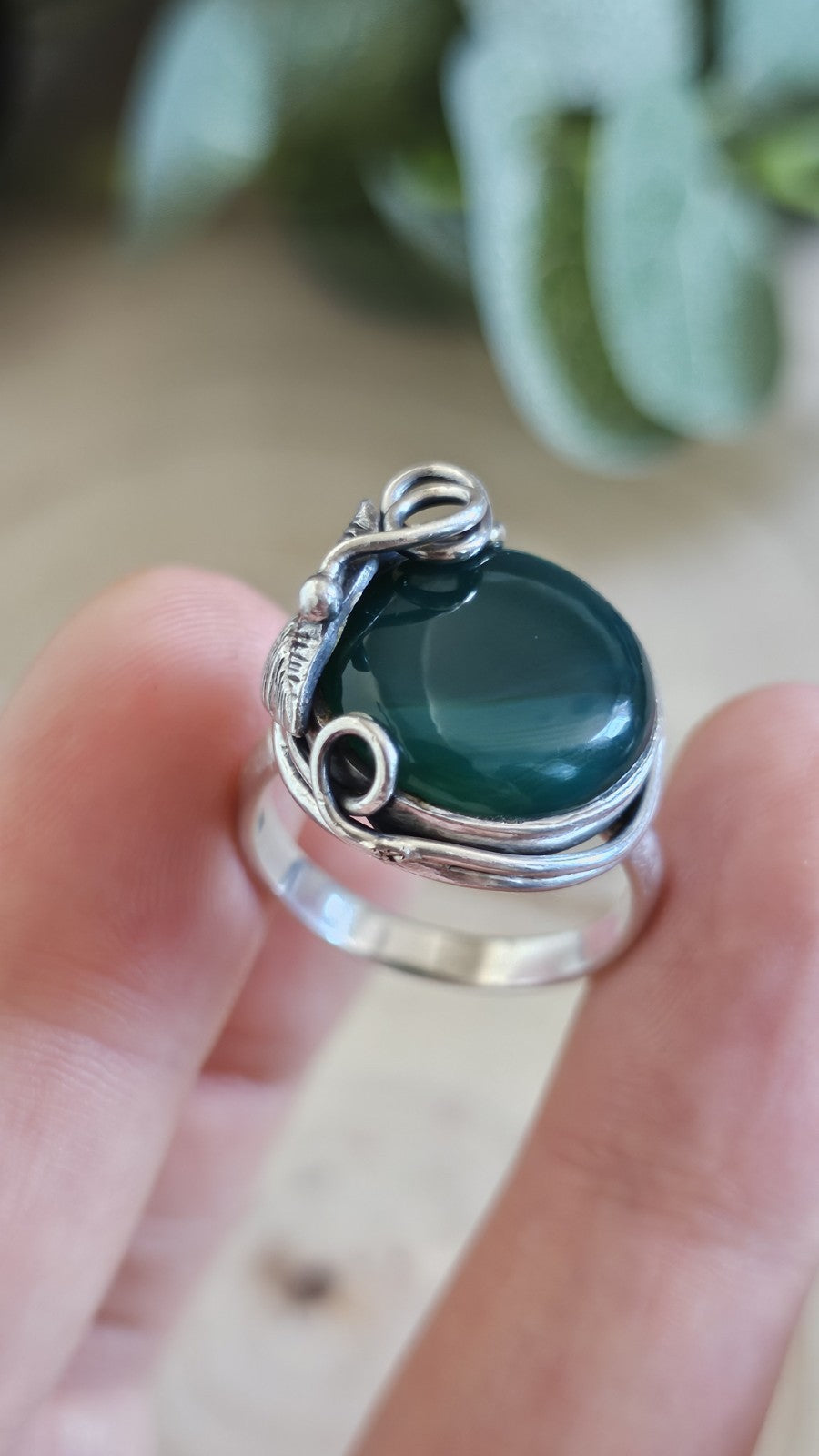 Vintage Sterling Silver Green Onyx Statement Ring Size S 7.92g