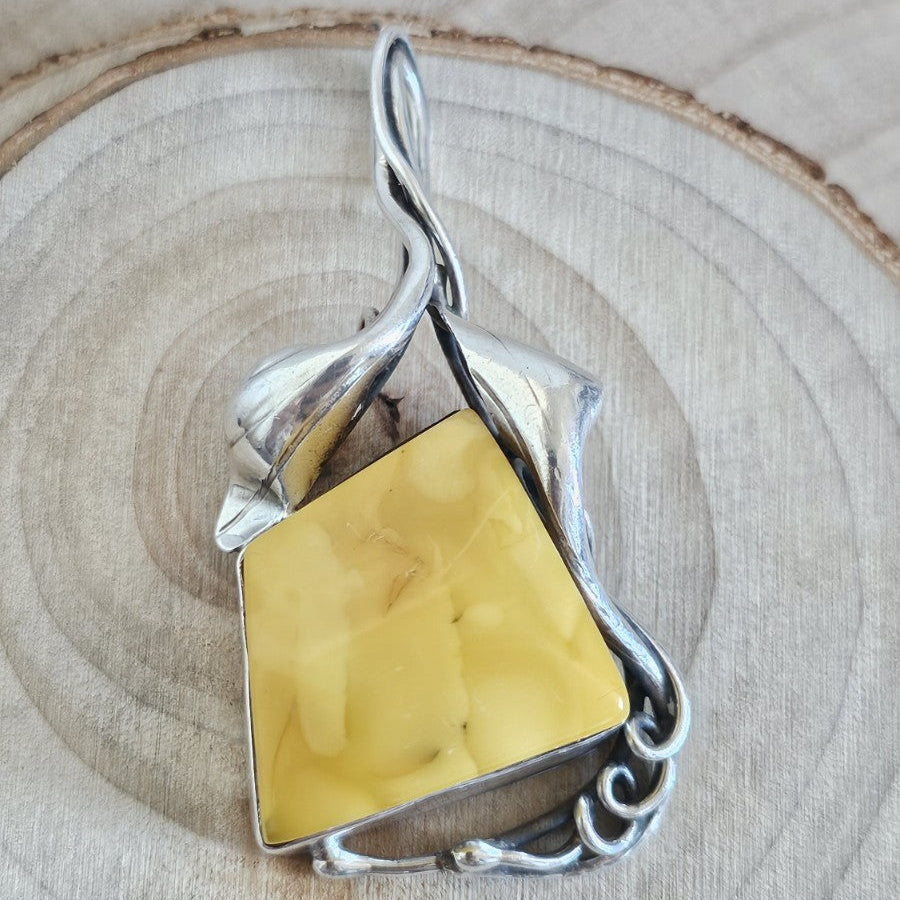 925 Sterling Silver Yellow Amber Large Pendant Art Nouveau Floral Hallmarked