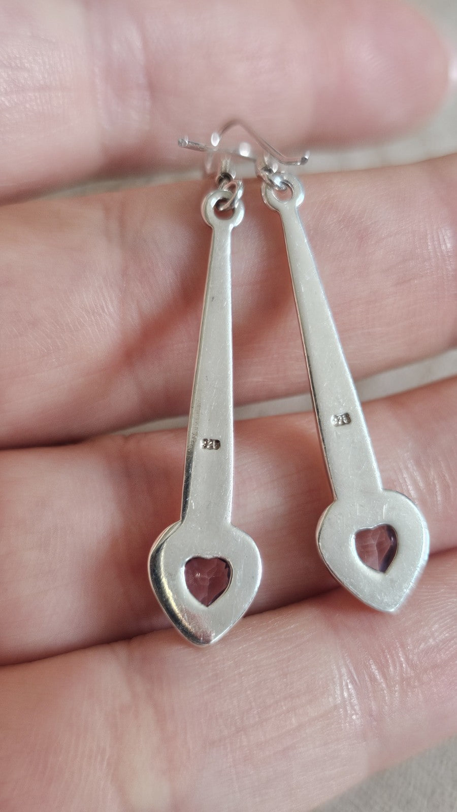 925 Sterling Silver Amethyst Heart Drop Dangle Earrings Stamped 925