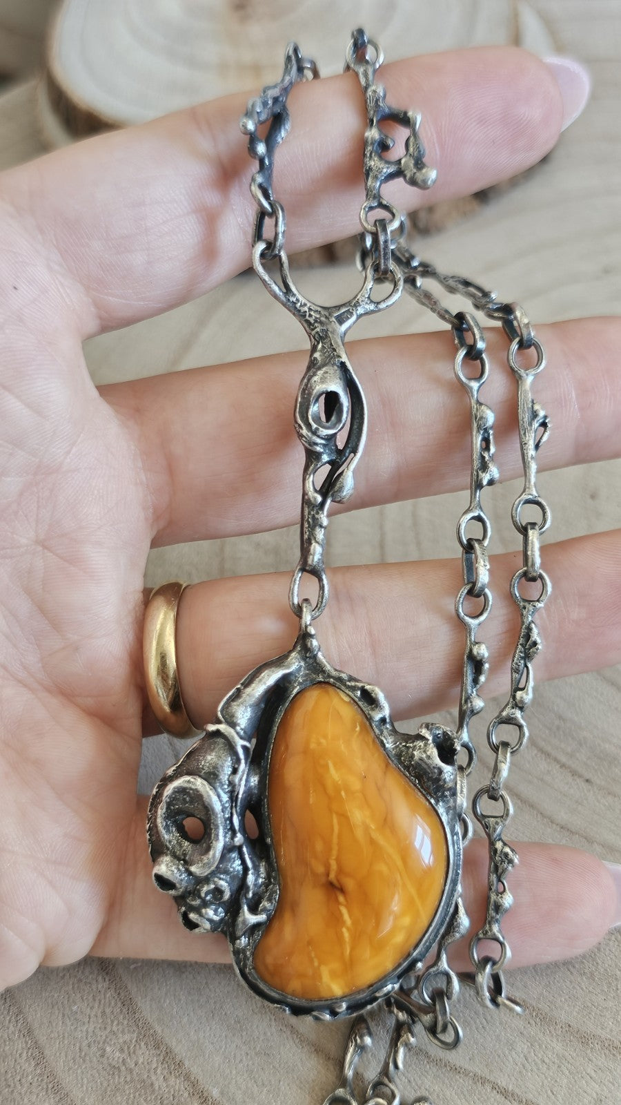Vintage Polish 800 Silver Amber Brutalist Pendant Necklace TMS Warsaw, 37g
