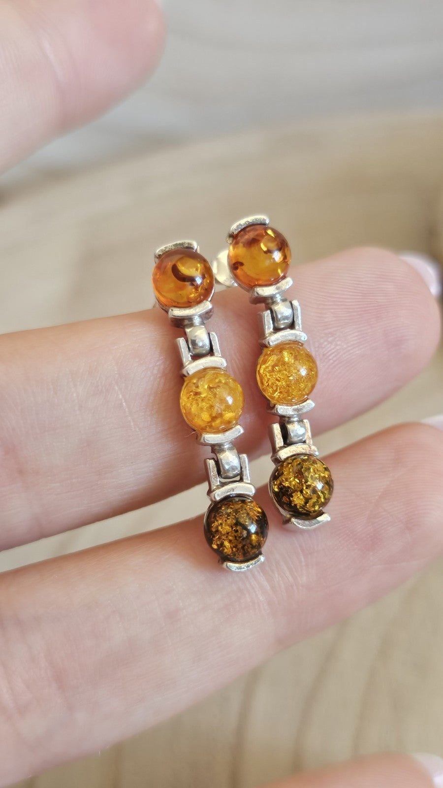 925 Sterling Silver Multi Amber Drop Earrings 3 Stone Articulated 4.36g