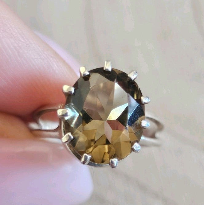 925 Sterling Silver Smoky Quartz Oval Solitaire Ring Size M 1/2 Hallmarked
