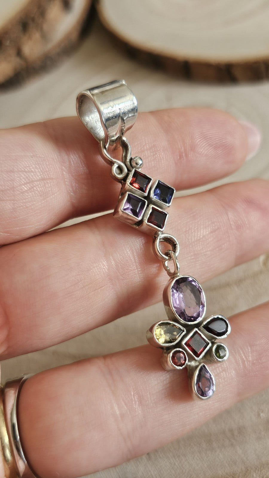 925 Sterling Silver Multi Gemstone Long Pendant Amethyst Garnet Iolite Citrine