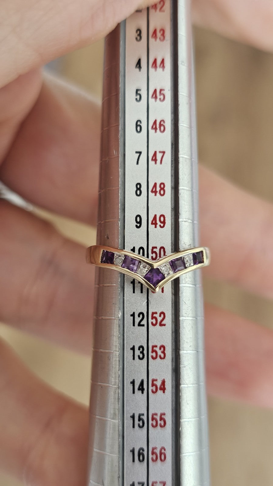 9ct Yellow Gold Natural Amethyst & Diamond Wishbone Ring Size K Hallmarked