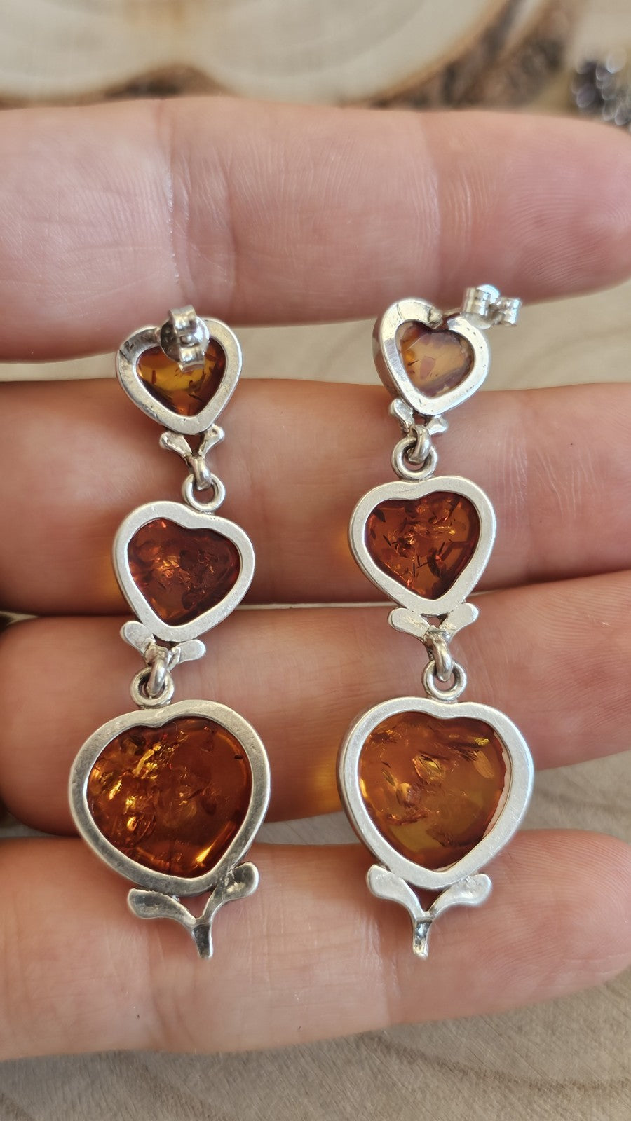 925 Sterling Silver Amber Heart Drop Earrings 3 Stone Dangle 9.37g