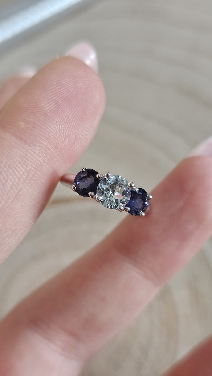 9ct White Gold Natural Aquamarine & Iolite Trilogy Ring Size L Hallmarked
