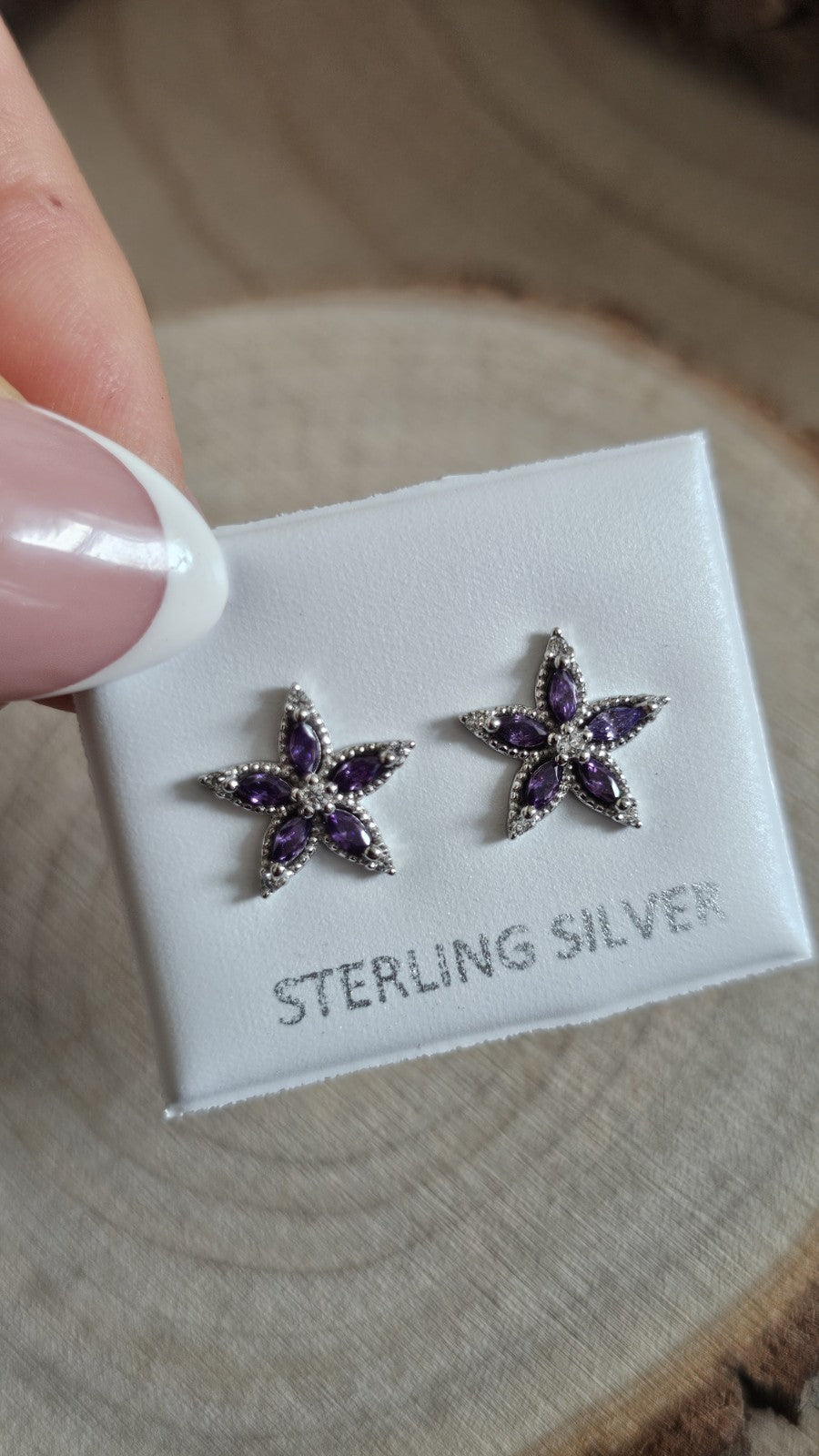 925 Sterling Silver Purple CZ Flower Stud Earrings 11mm Floral Star New