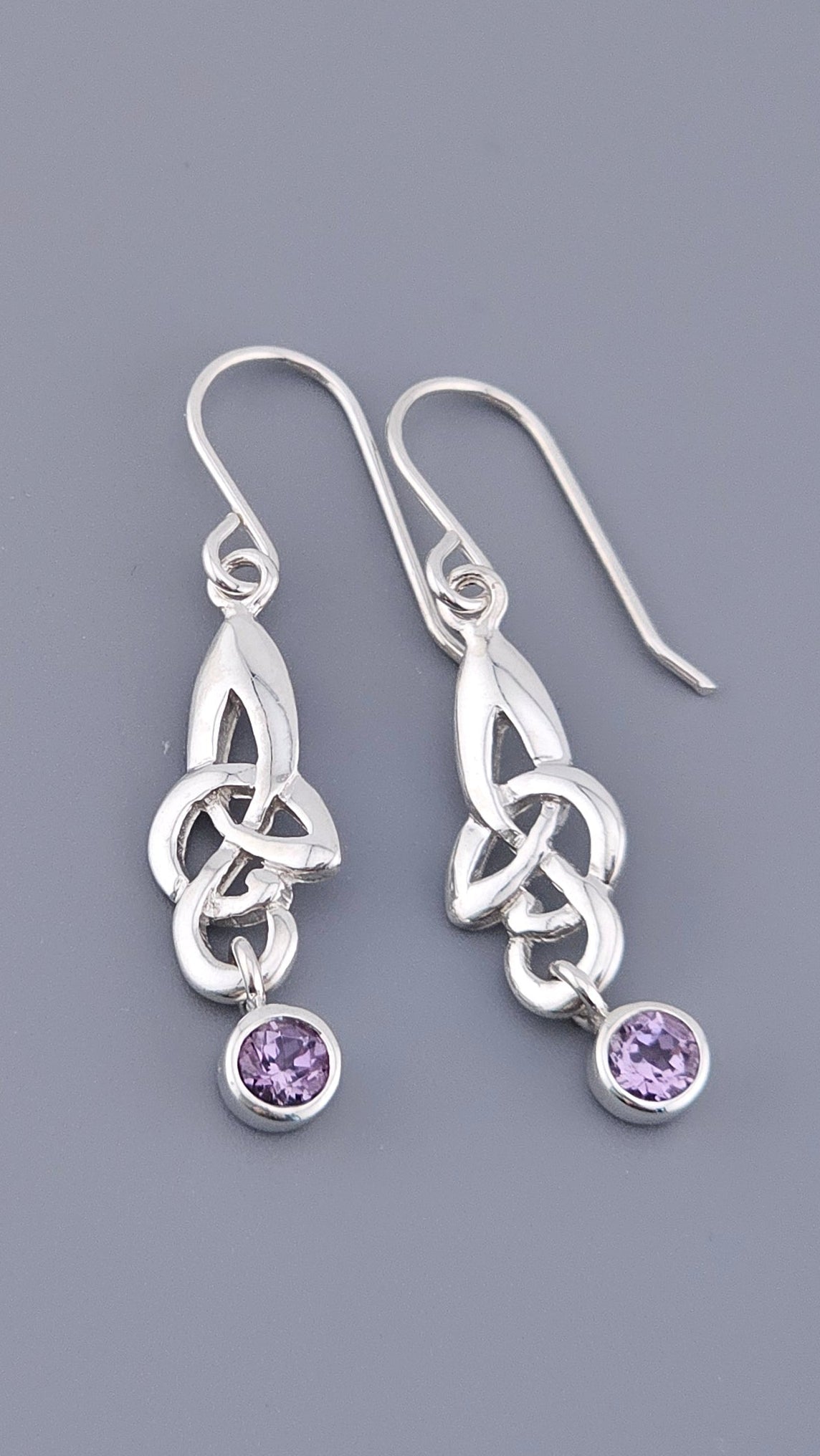 925 Sterling Silver Amethyst Celtic Knot Drop Earrings – 40mm Triquetra Dangle (3.4g)