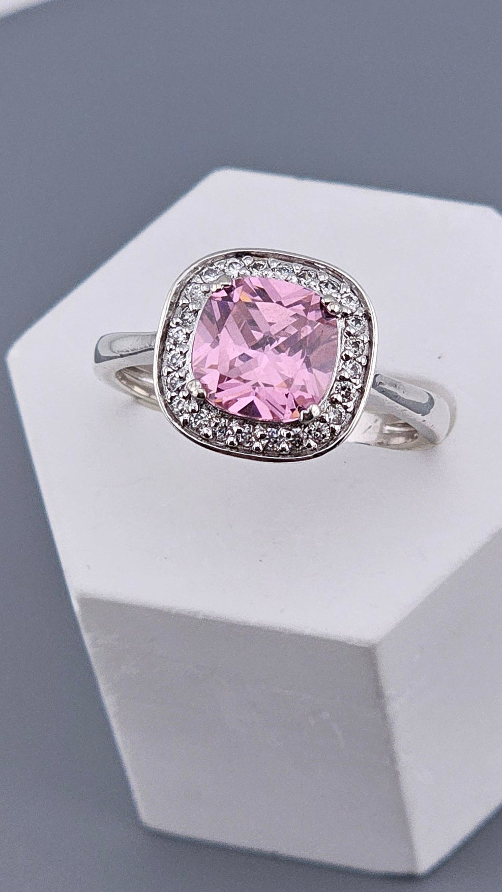 925 Sterling Silver Halo Ring Cushion Cut Pink Cubic Zirconia , size P Sterling Silver Ring 