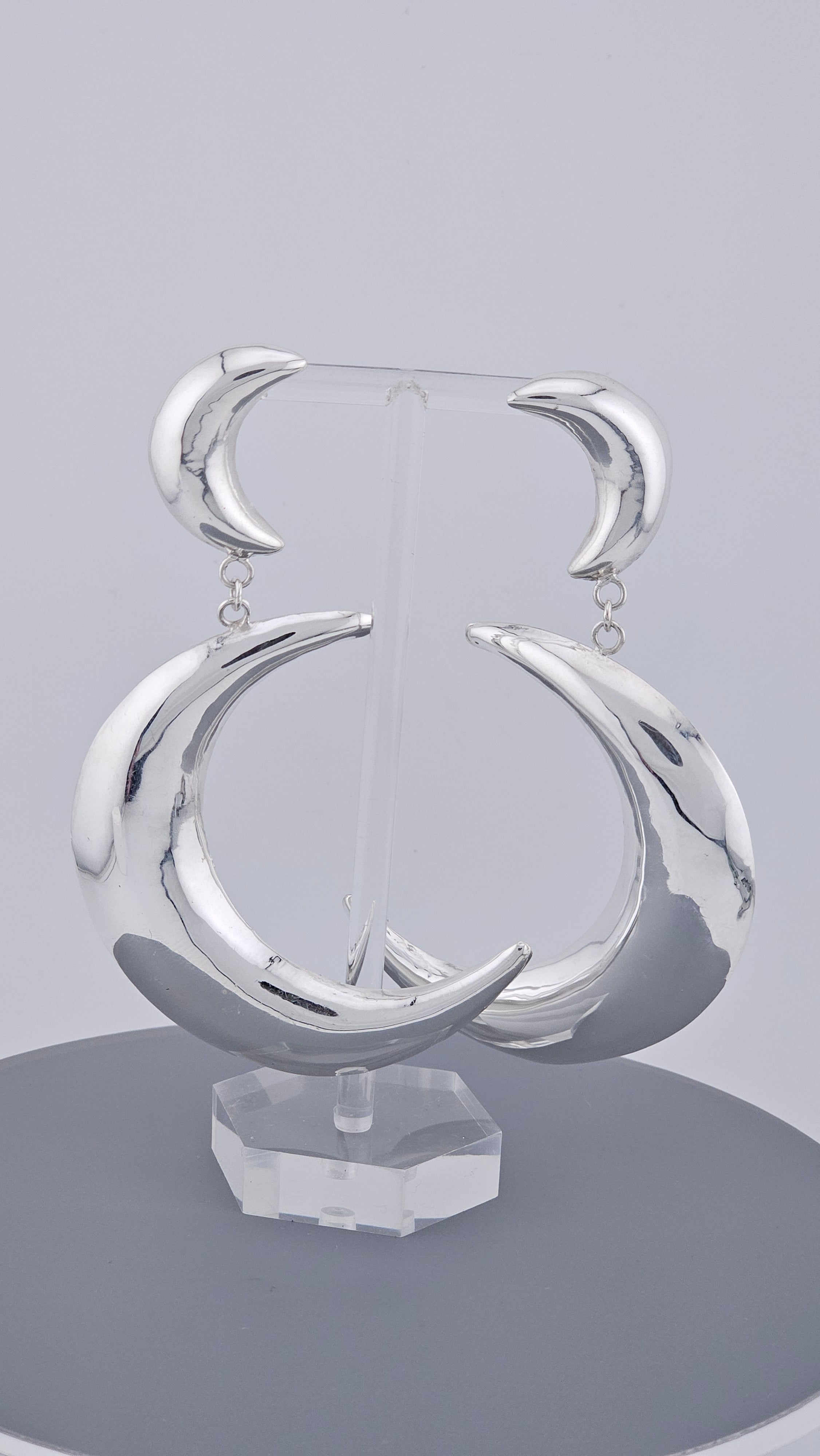 ​925 Sterling Silver Large Double Crescent Moon Dangle Earrings – 55mm Celestial Statement (15.7g)