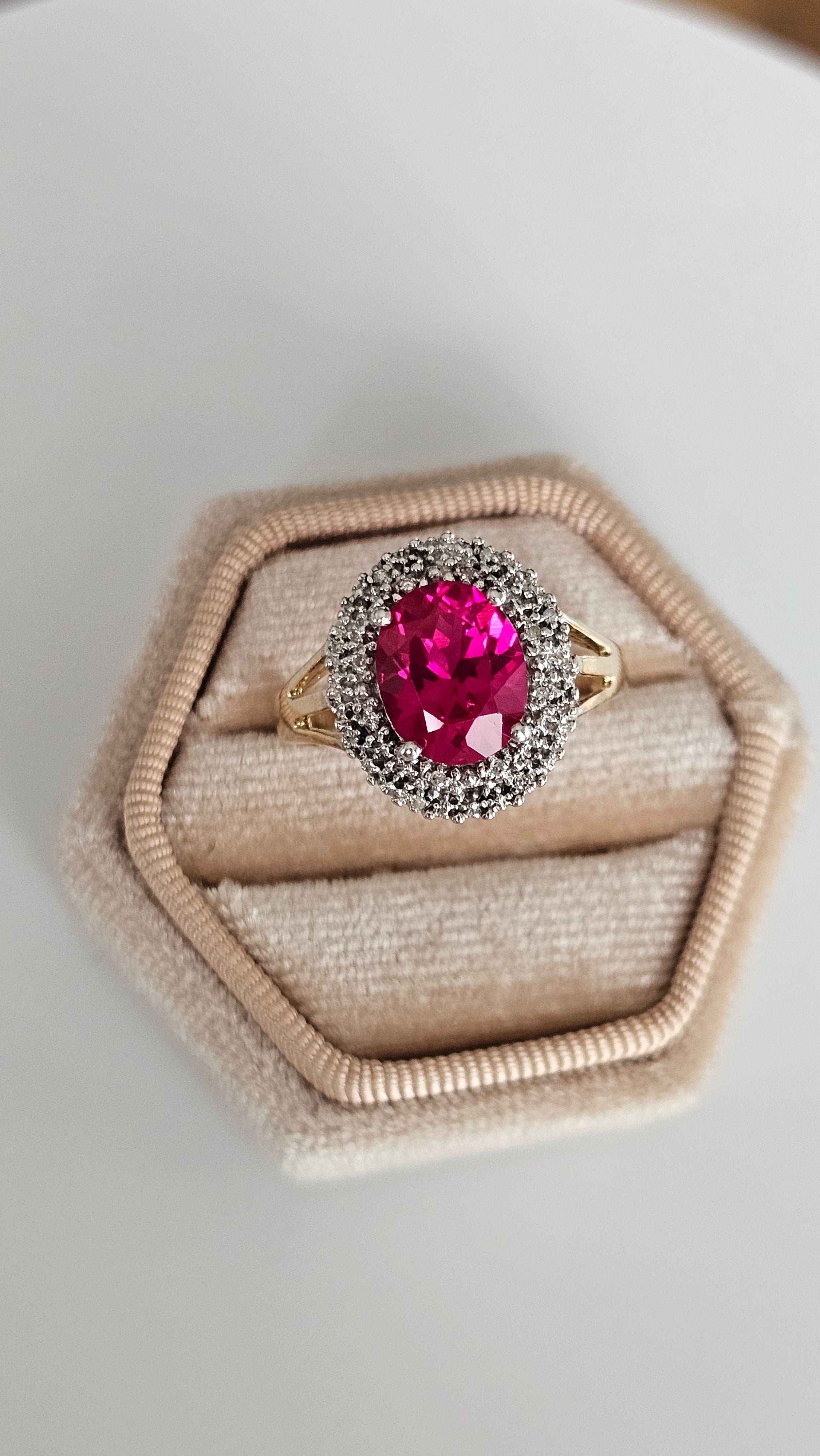 9ct Yellow Gold Cluster Ring | Lab Grown Ruby & Natural Diamonds | Size Q | 4.08g