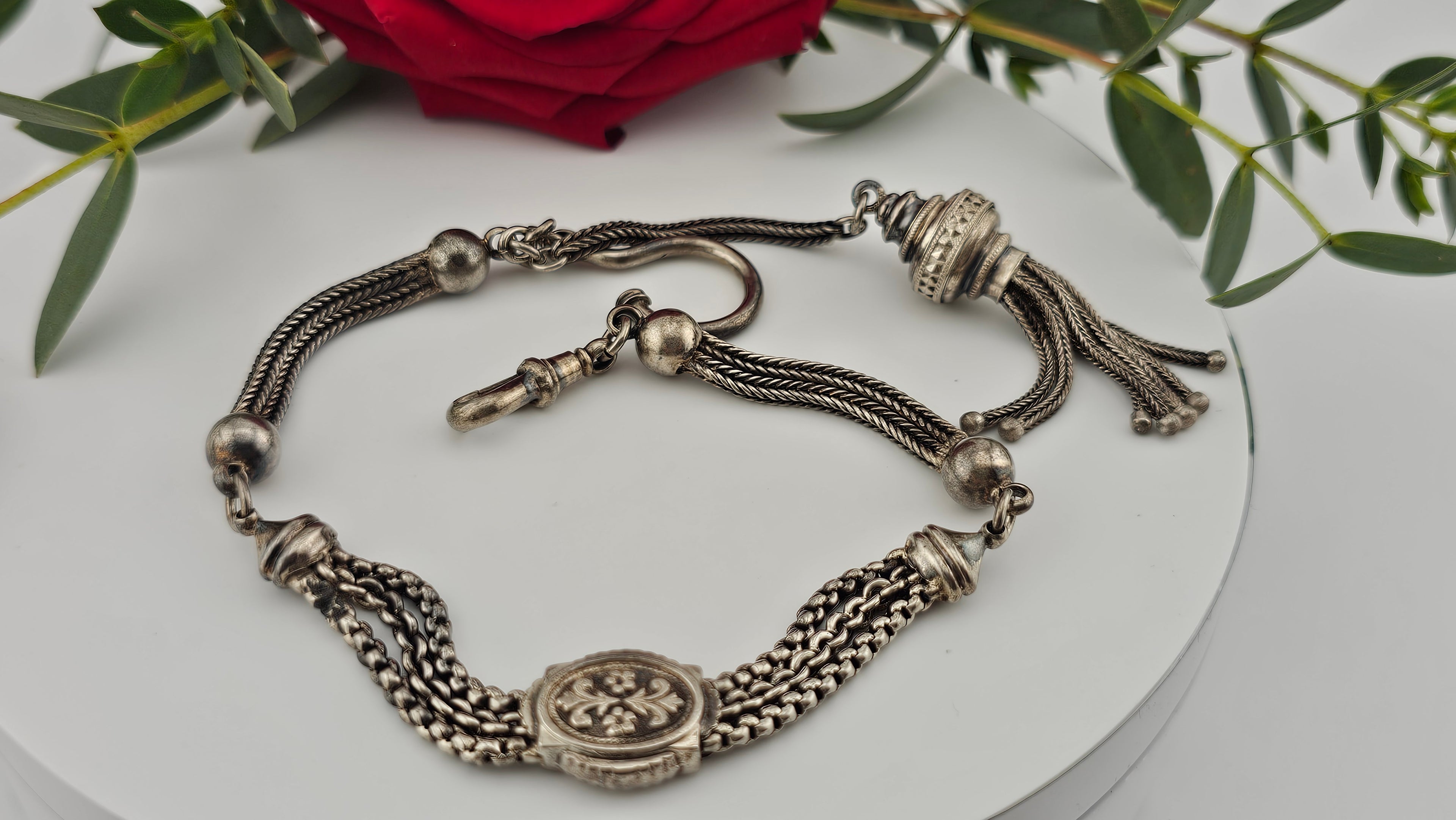 Antique Multi-Strand Silver Albertina Watch Chain with Floral Slide & Tassel