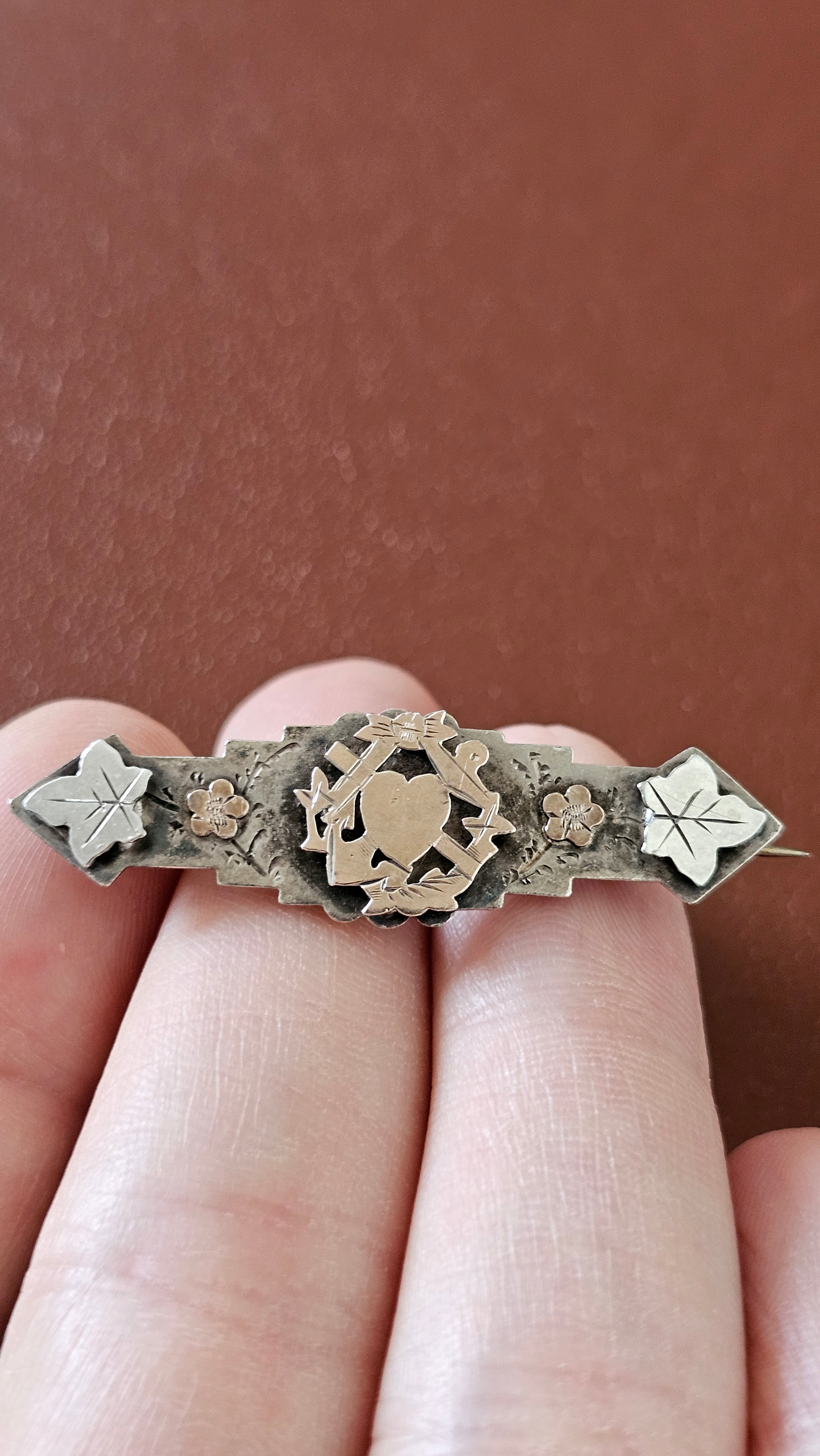 ​Antique Sterling Silver "Faith, Hope & Charity" Sweetheart Brooch