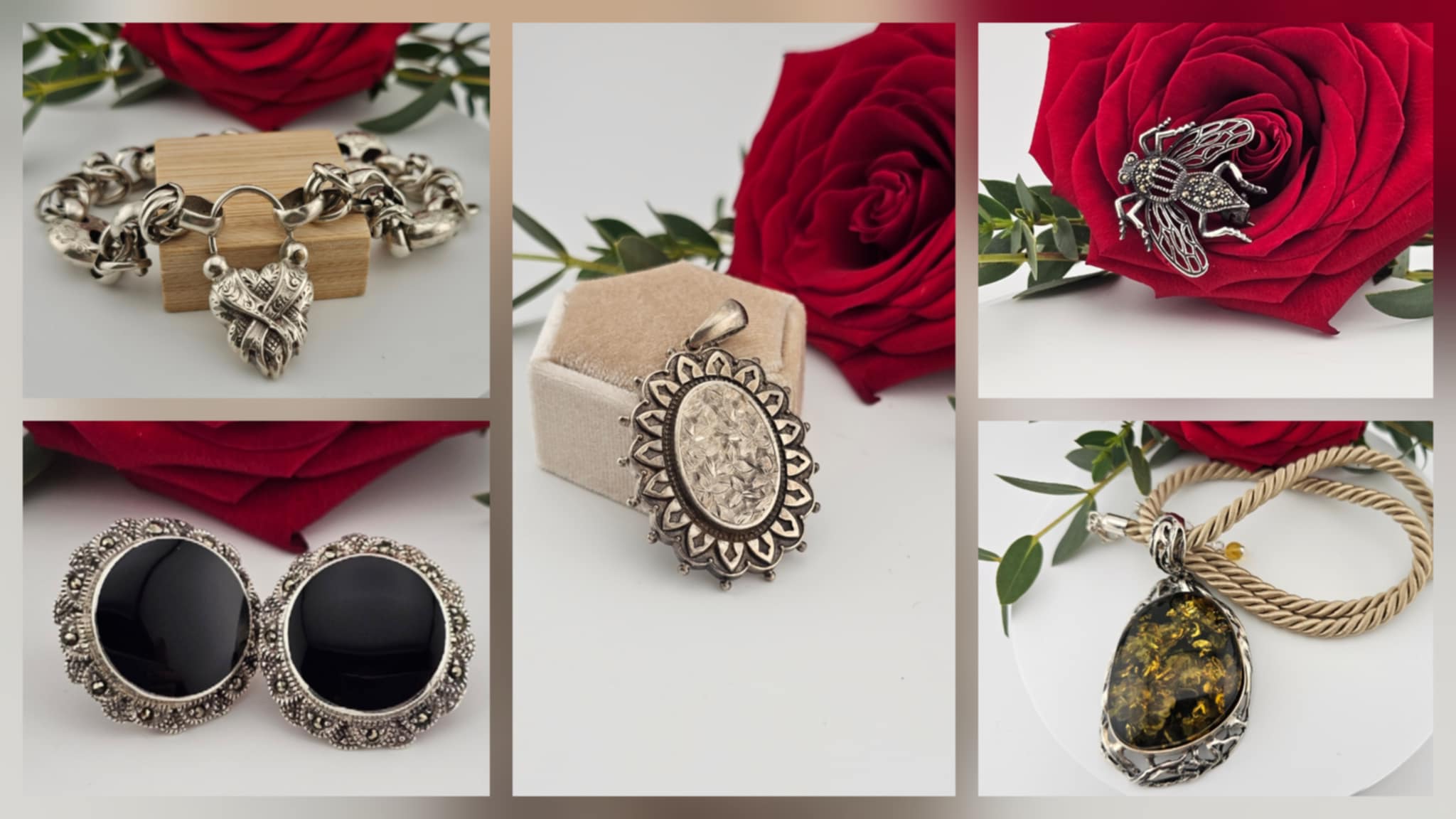 A collage of various vintage and antique sterling silver 925 jewellery pieces, including earrings, a bracelet, a pendant, a necklace and a brooch in pre-loved but stunning condition