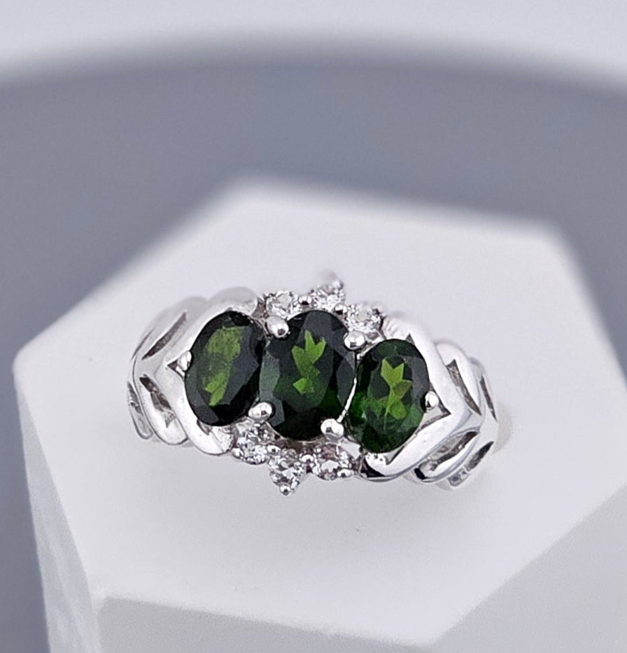 Chrome Diopside & Clear Zirconia Three-Stone Ring in 925 Silver