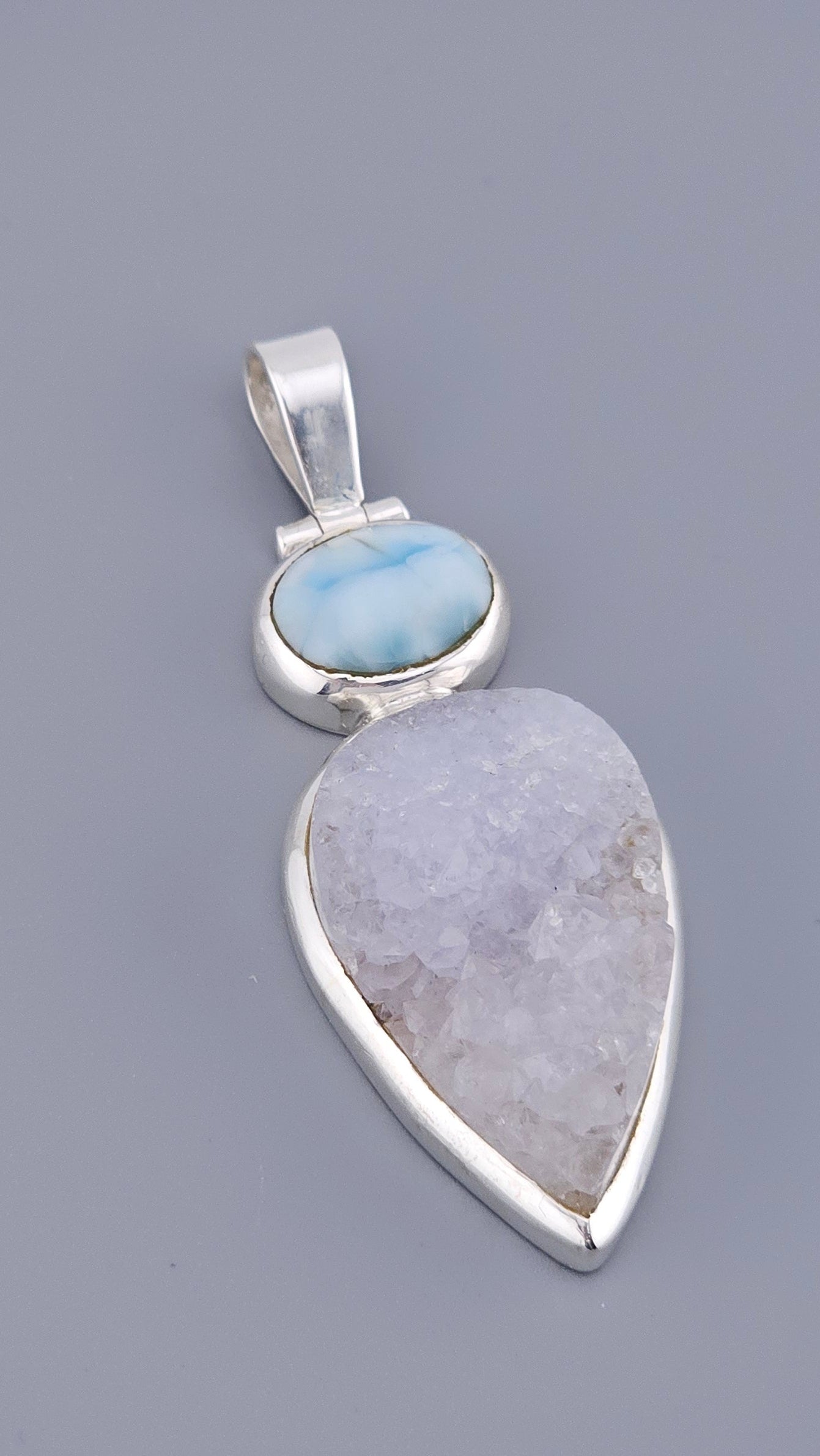 Larimar & Sparkling Druzy Quartz Sterling Silver Statement Pendant
