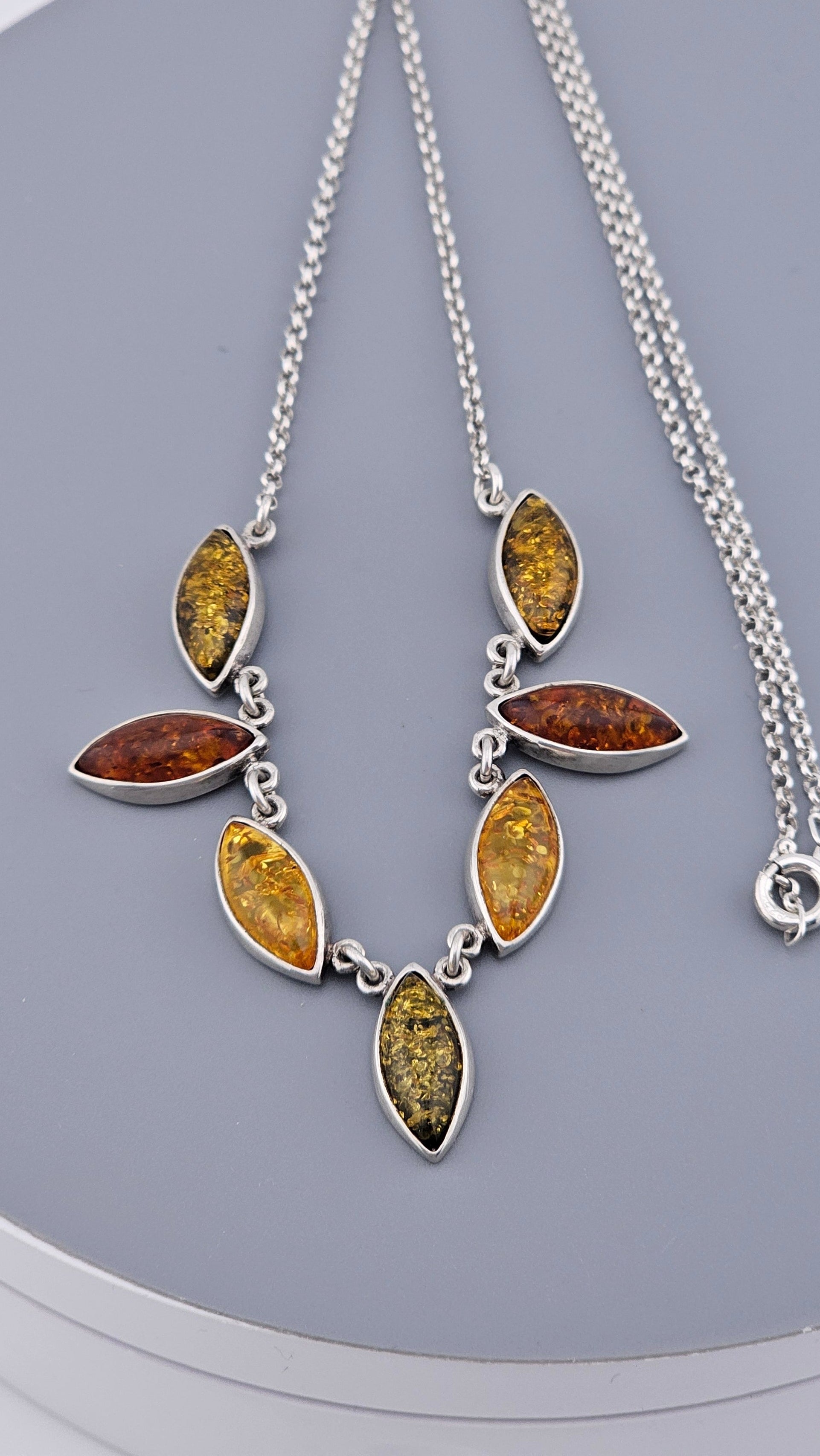 Multi-Tonal Baltic Amber & Sterling Silver Marquise Leaf Necklace