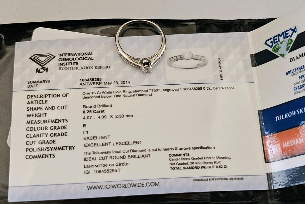 Tolkowsky 18ct White Gold Diamond Ring | 0.52ctw | IGI Certified | Size P 1/2 | Boxed