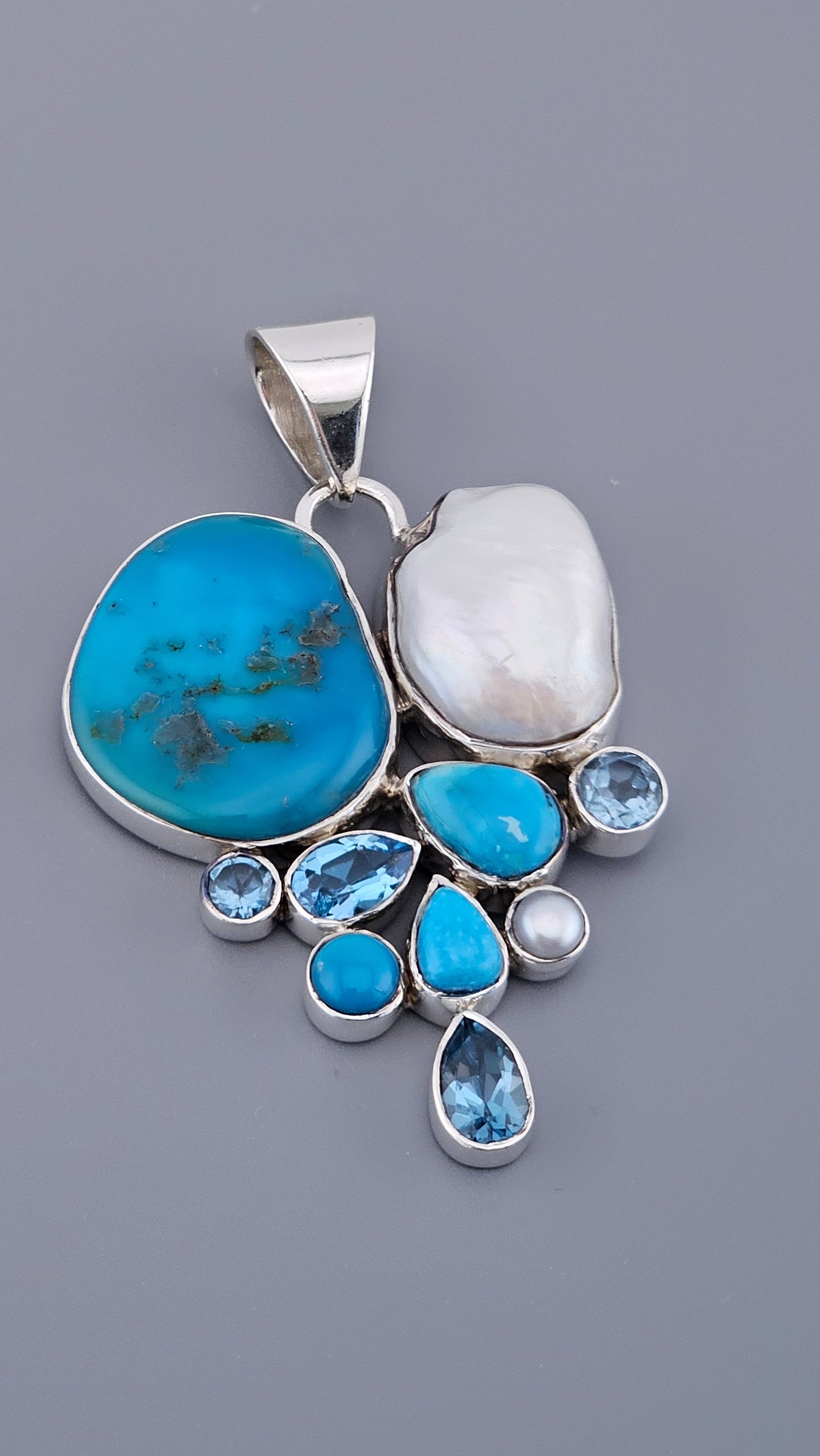 Statement 925 Sterling Silver Turquoise, Baroque Pearl & Blue Topaz Cluster Pendant (17.5g) 
