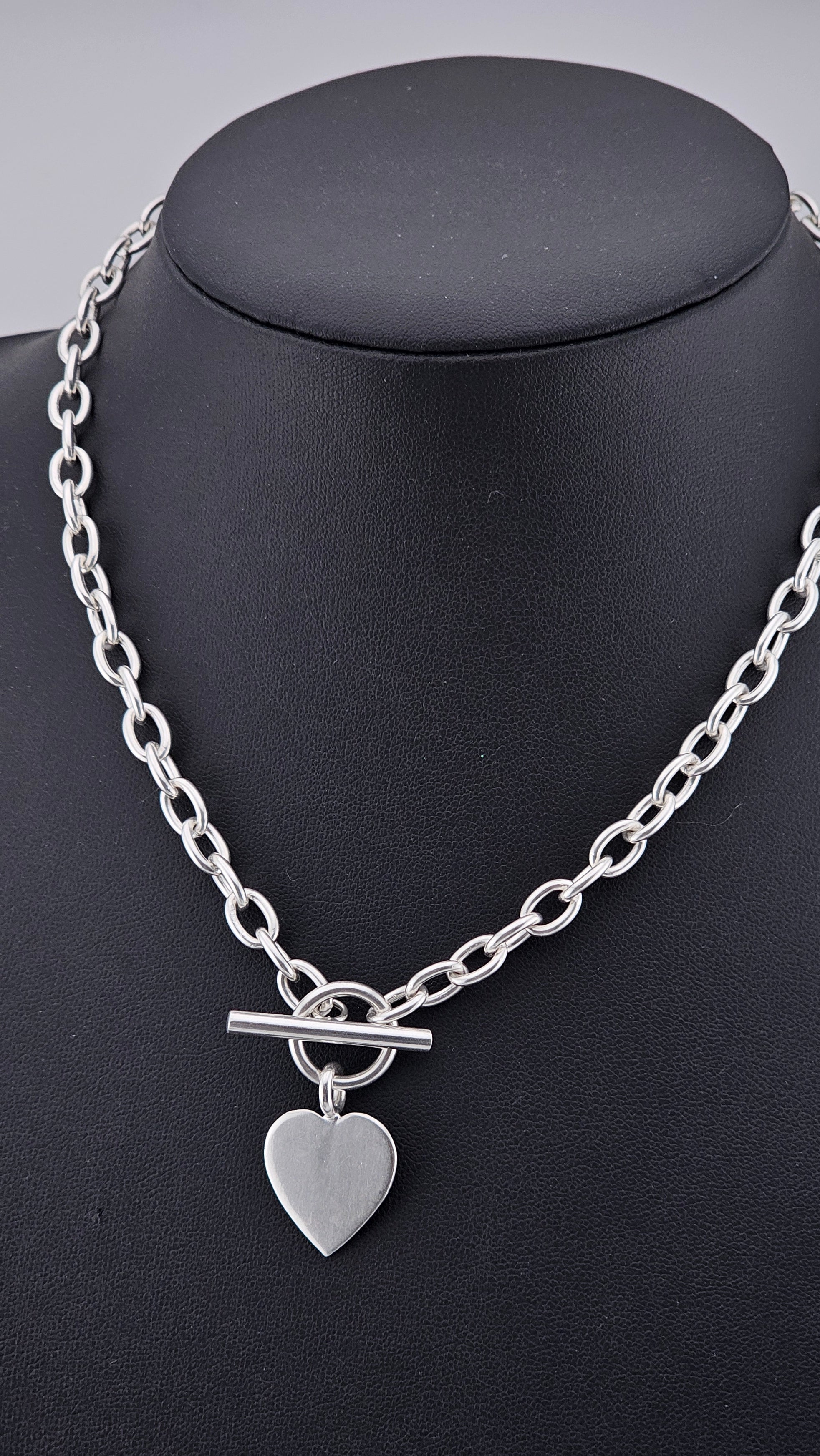  Sterling Silver 925 Chunky Link Necklace with Heart Pendant & T-Bar Toggle Clasp – 29.6g