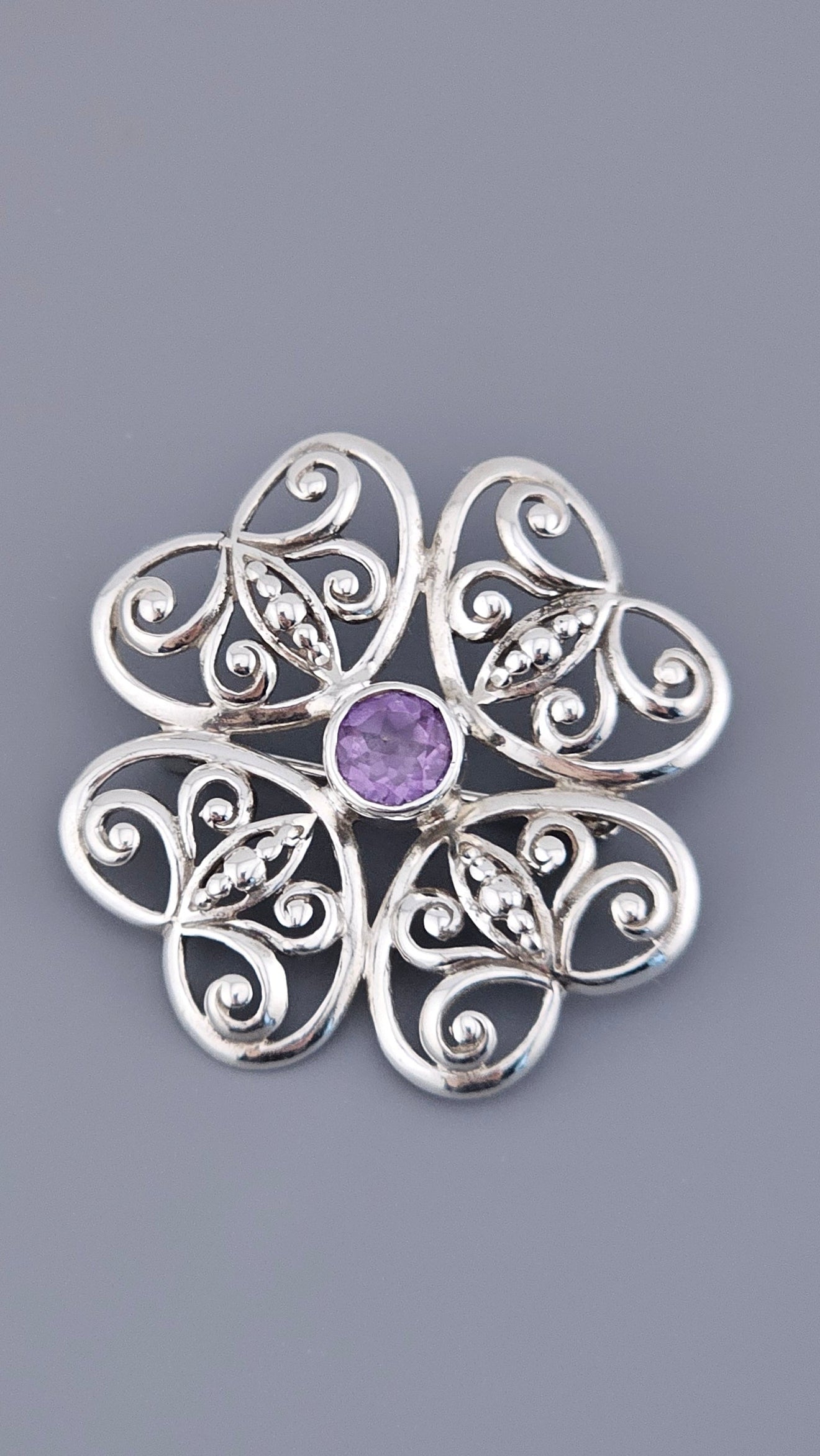 Vintage 925 Sterling Silver Amethyst Filigree Flower Brooch Pin (5.66g)