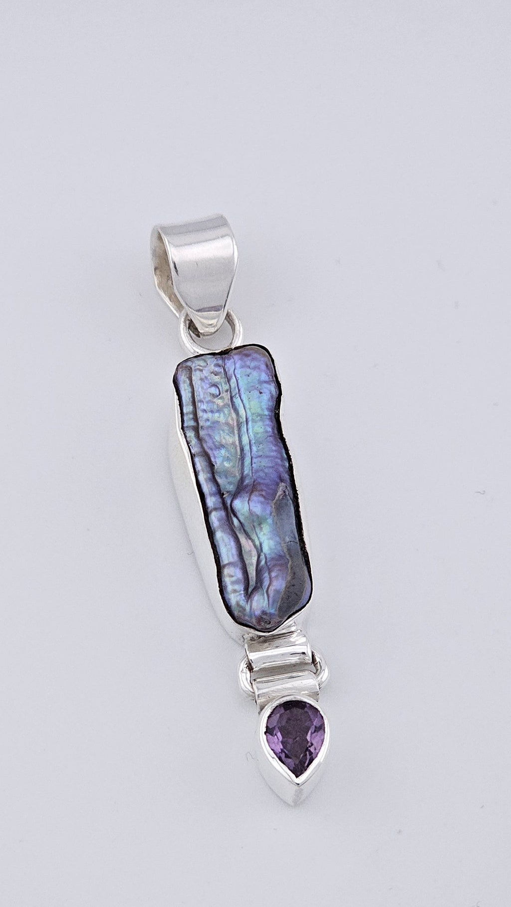 Vintage 925 Sterling Silver Biwa Pearl & Amethyst Articulated Pendant (6.4g)