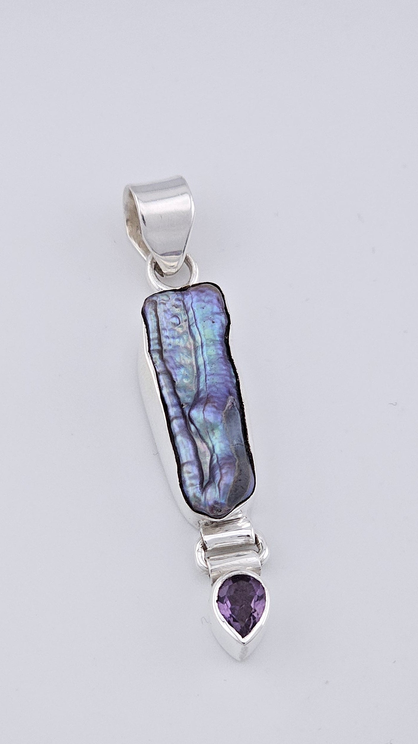 Vintage 925 Sterling Silver Biwa Pearl & Amethyst Articulated Pendant (6.4g)