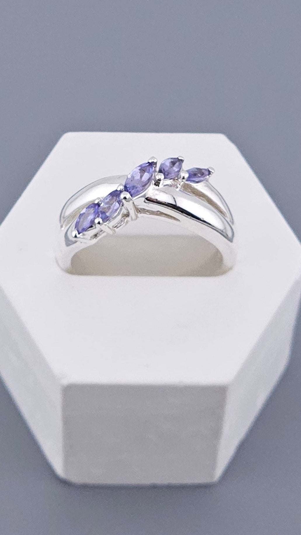 Vintage 925 Sterling Silver Marquise-Cut Tanzanite Ring featuring brilliant sparkling purple colour, 5 stones set with small prongs cleaned and polished. Shop now!