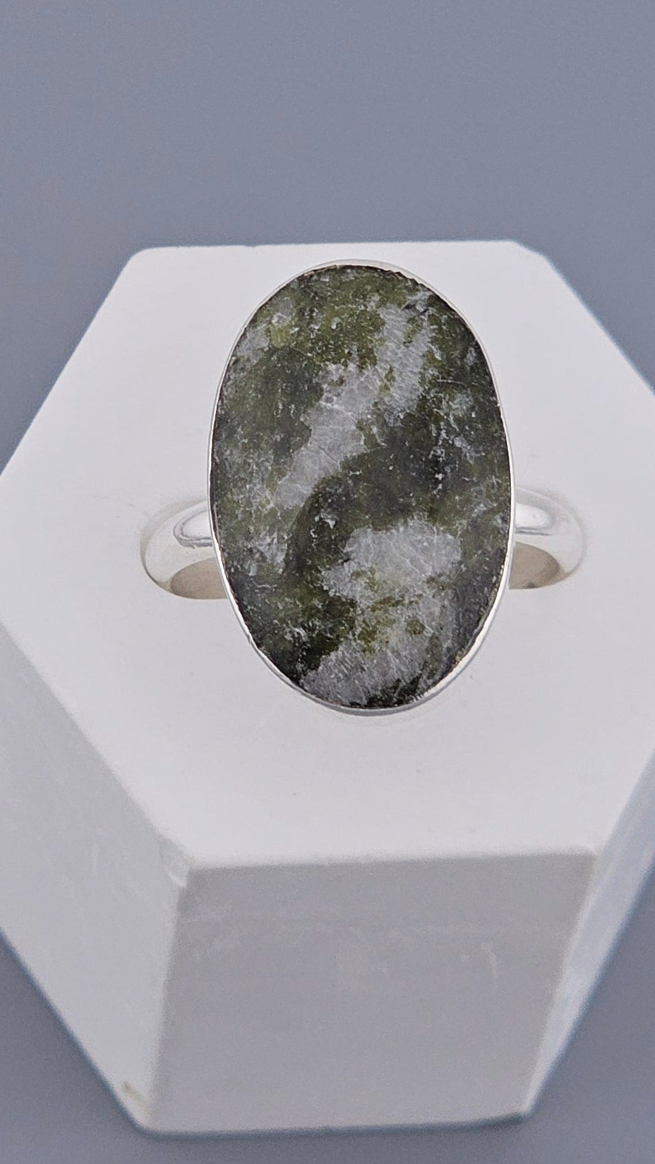 Vintage 925 Sterling Silver Preseli Bluestone Ring – Dirty Green Colour Oval Shape Bezel Set Adjustable Size