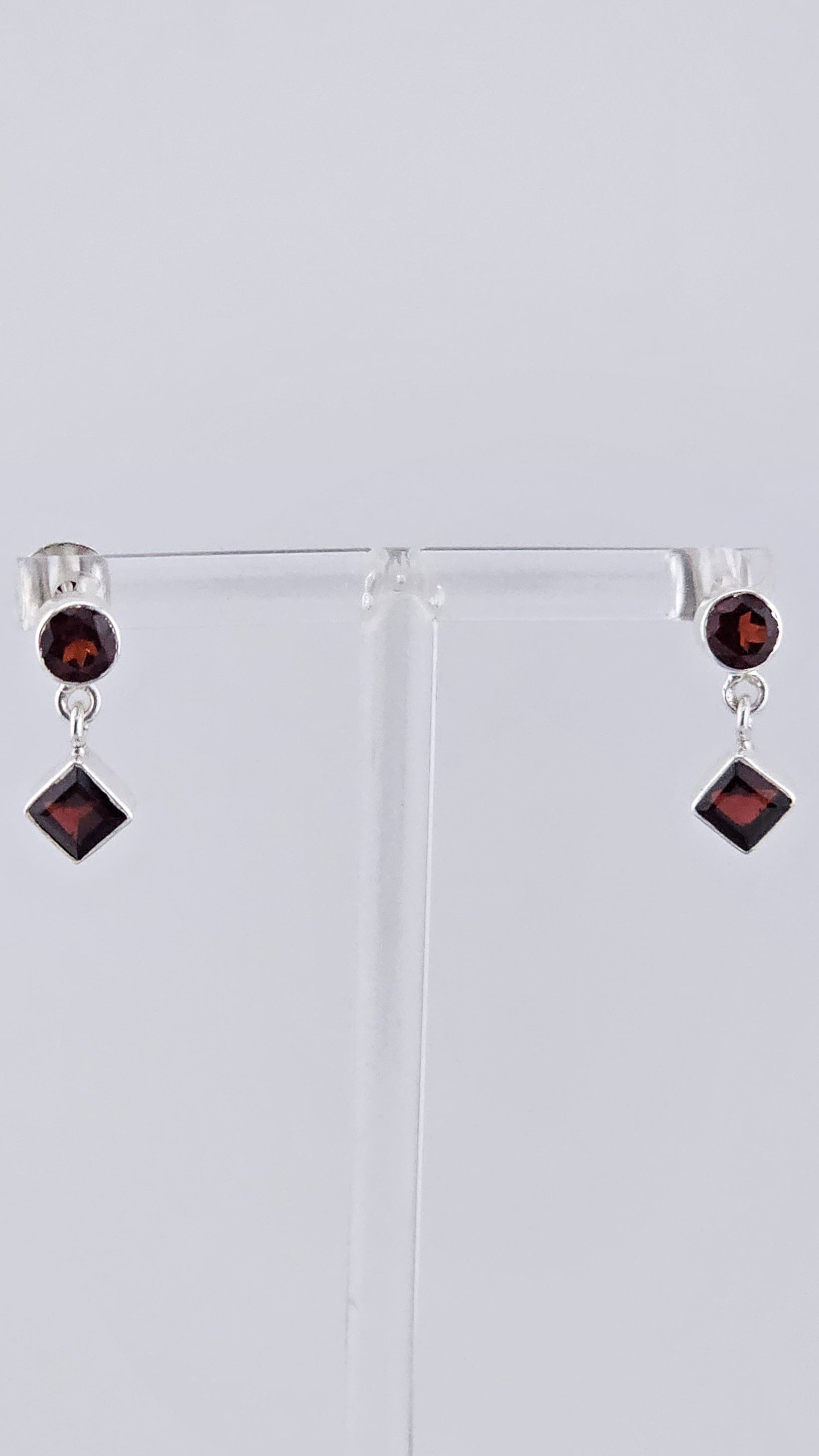 Vintage 925 Sterling Silver & Red Garnet Geometric Drop Earrings