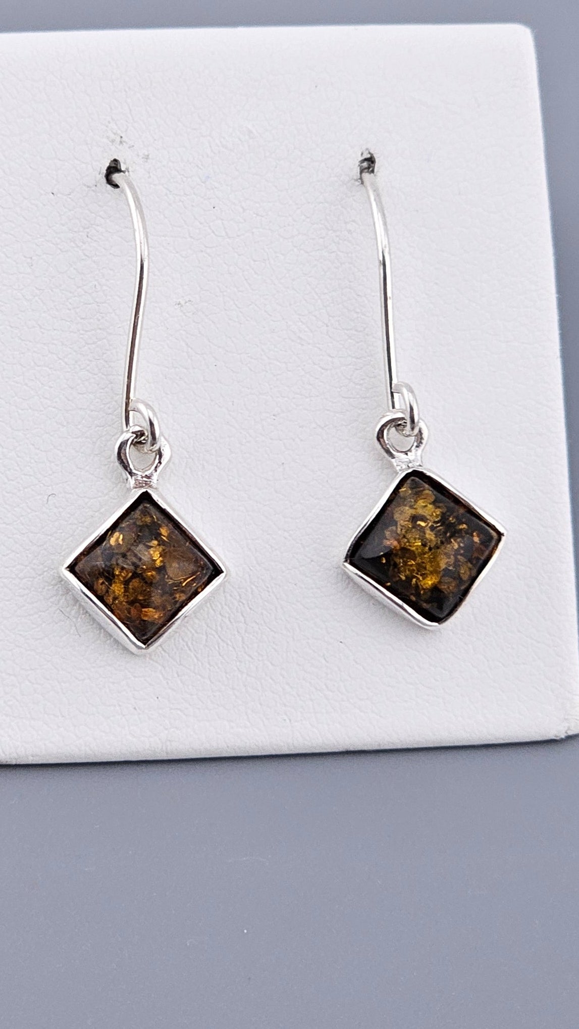 Vintage 925 Sterling Silver Square Amber Dangle Earrings Brown Yellow colour Professionally Cleaned And Polished