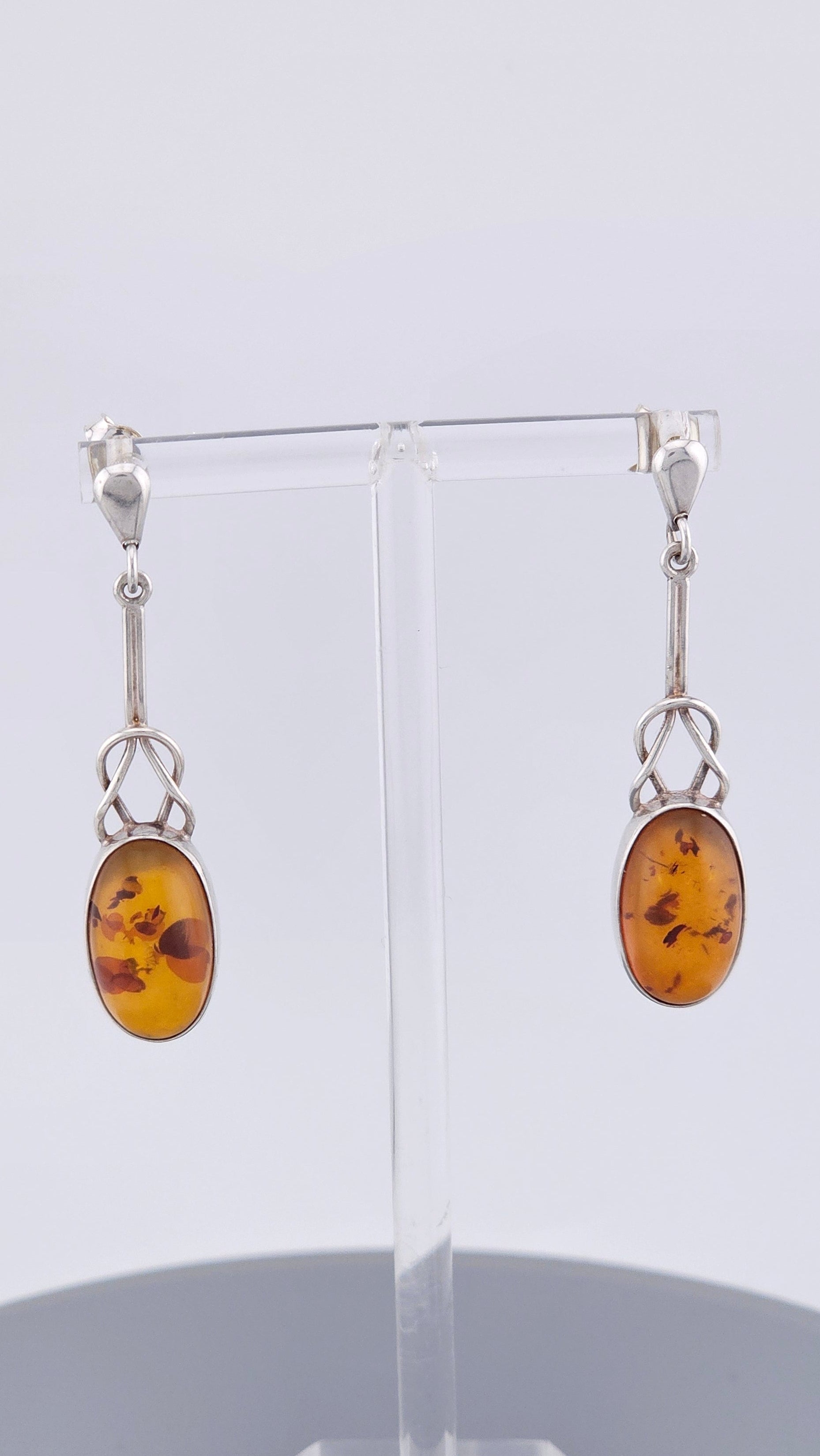 Vintage Sterling Silver Baltic Amber Celtic Knot Drop Earrings