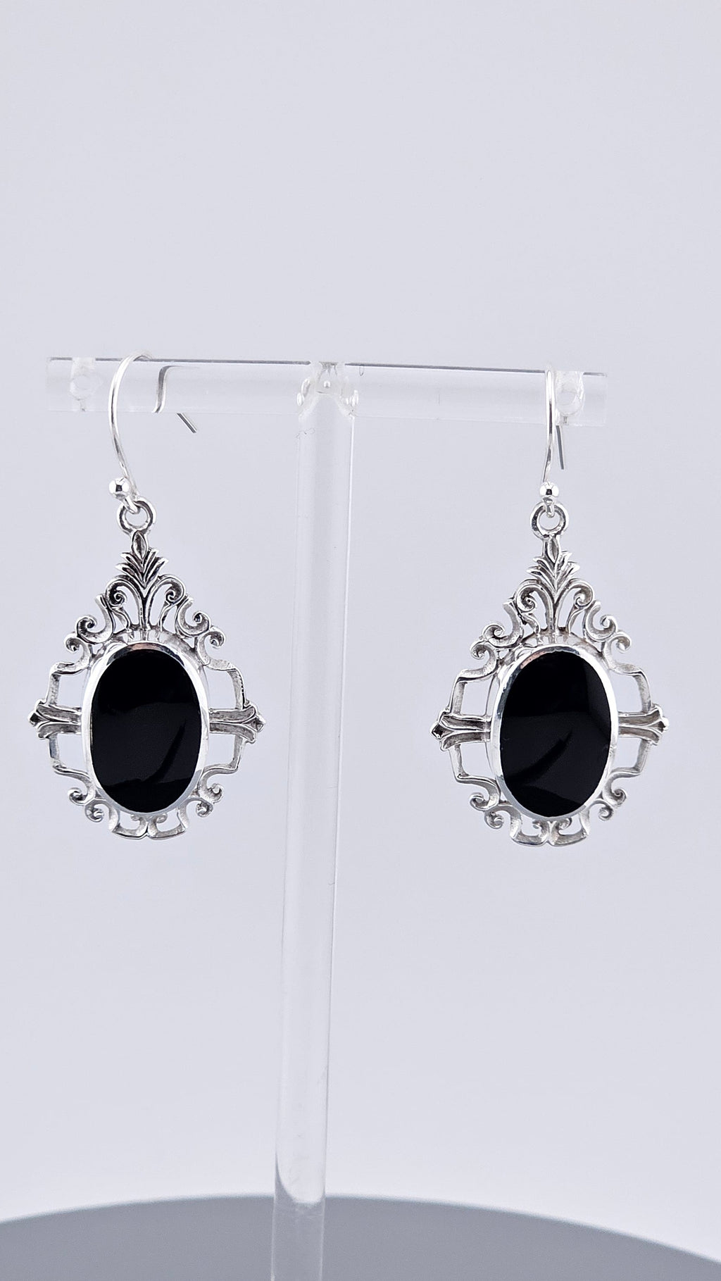 ​Vintage Style 925 Sterling Silver Black Onyx Filigree Drop Earrings – 46mm Ornate Oval Dangle (6.4g)