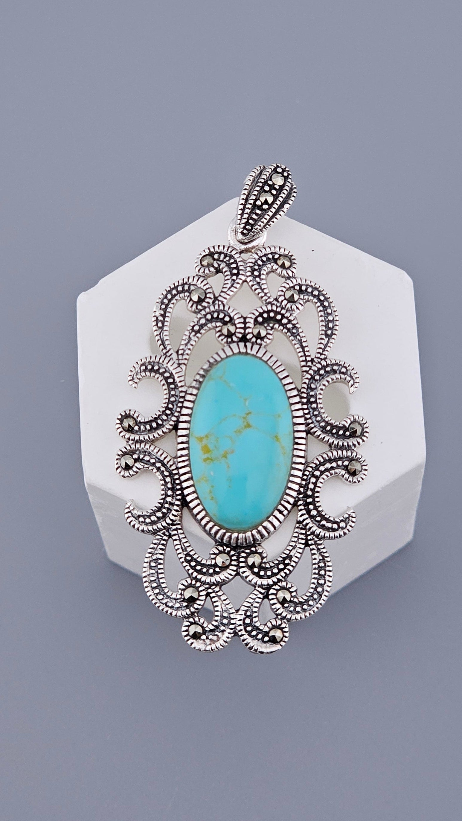 Vintage Style 925 Sterling Silver Turquoise & Marcasite Filigree Pendant – Art Deco Revival