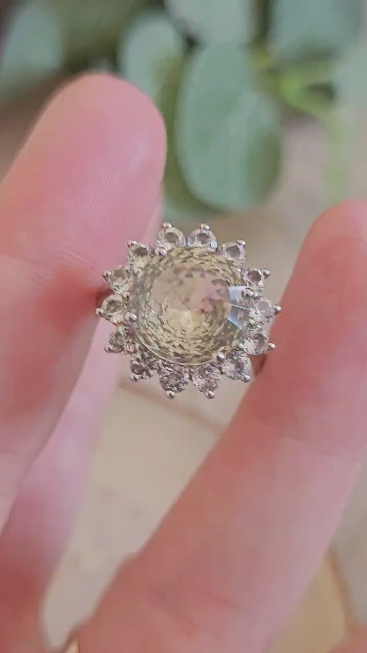 TGGC 925 Sterling Silver Green Amethyst/Prasiolite Halo Ring, Size N 1/2