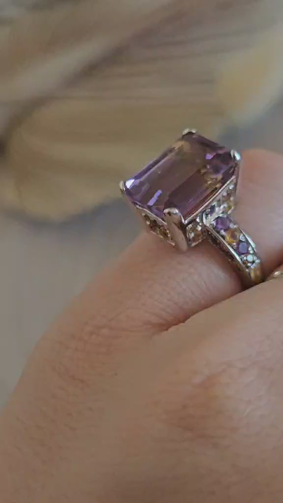 925 Sterling Silver Ametrine Amethyst Citrine Statement Ring Size N 1/2 5.85g
