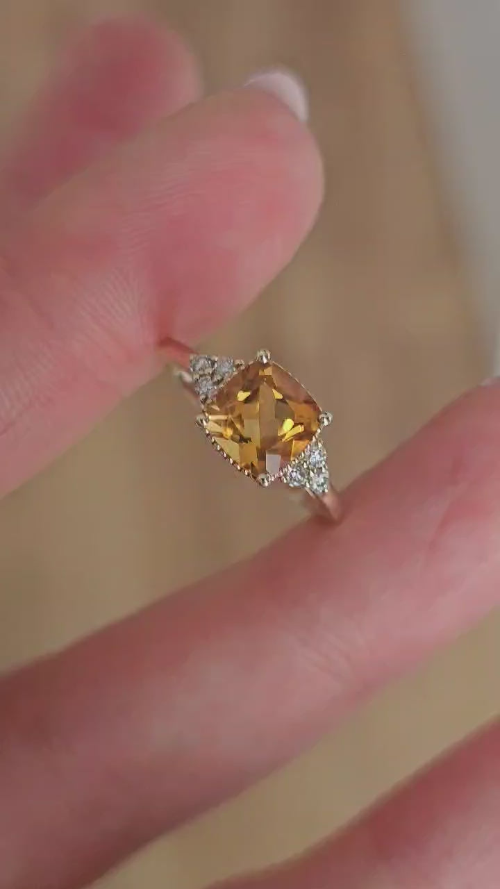 9ct Yellow Gold Natural Citrine & 0.13ct Diamond Ring Size K 1/2 Hallmarked