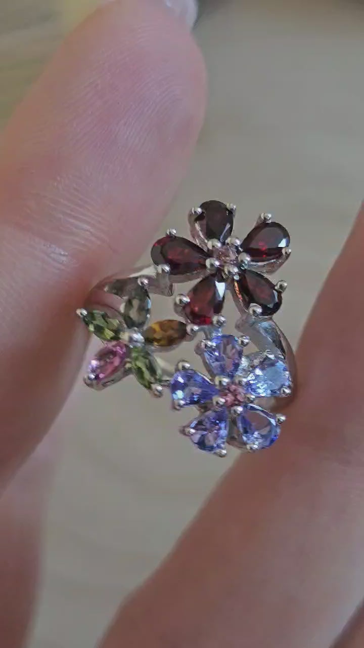 925 Sterling Silver TGGC Multigemstone Floral Ring Size O 5.31g