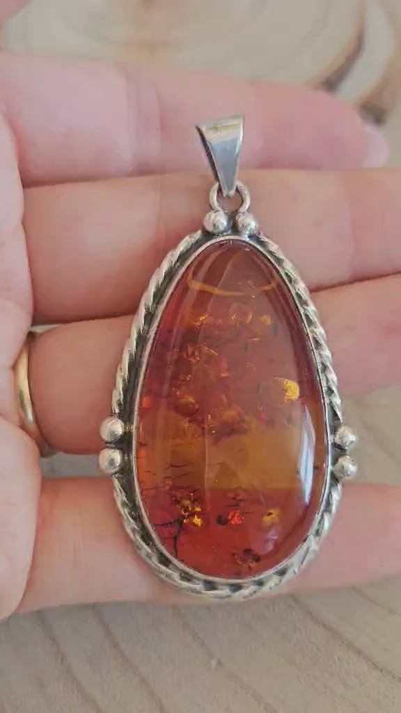 Large 925 Sterling Silver Amber Teardrop Pendant 20.50g 68.36mm