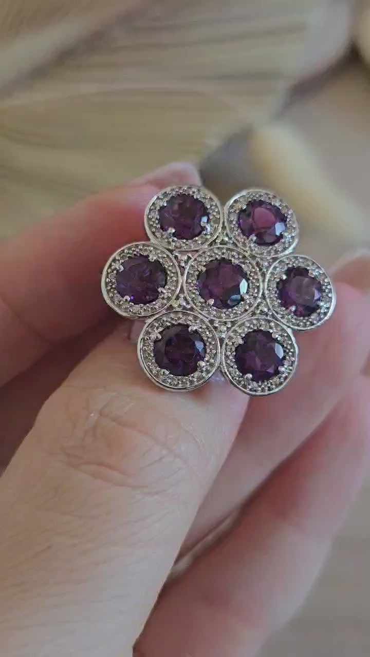 TGGC 925 Sterling Silver Amethyst Zircon Cluster Ring Size N 1/2 10.17g