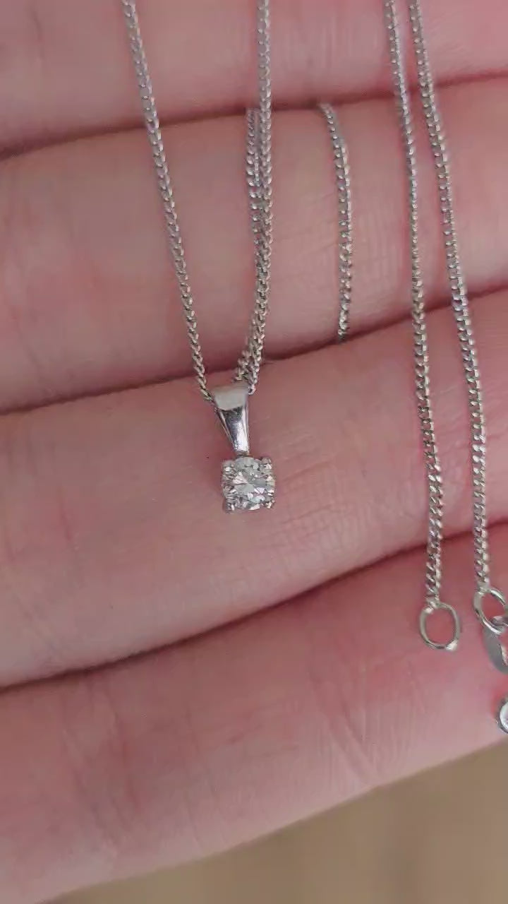 9ct White Gold Natural Diamond Solitaire Pendant Necklace 0.16ct 17.5"Hallmarked