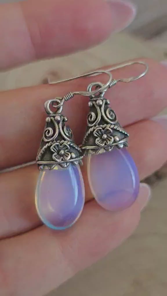 925 Sterling Silver Opalite Drop Earrings Floral Dangle Hooks 46.5mm