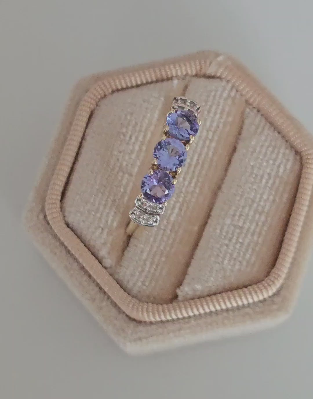 10ct Yellow Gold Natural Tanzanite & Zircon Trilogy Ring | Size UK P 1/2 (US 8) | 2.45g