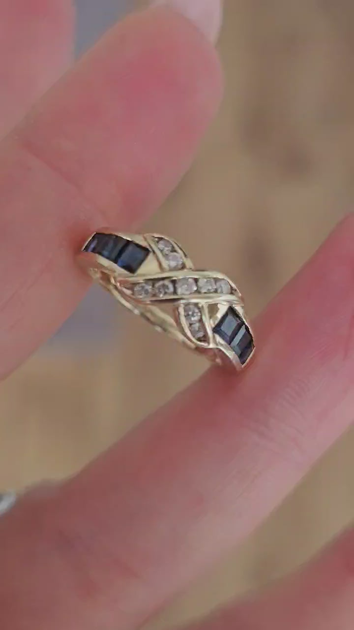 9ct Yellow Gold Natural Diamond Sapphire Crossover Ring Size L Hallmarked 2.70g