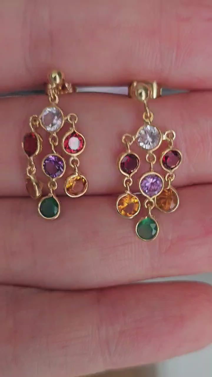 18ct Yellow Gold Multi Gemstone Chandelier Drop Earrings 3g Hallmarked