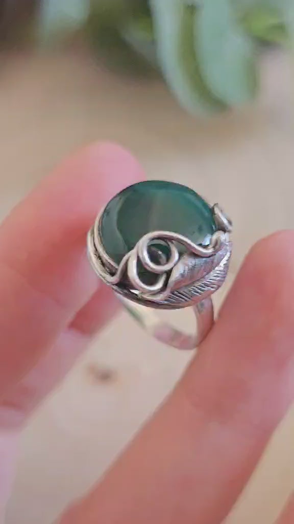 Vintage Sterling Silver Green Onyx Statement Ring Size S 7.92g