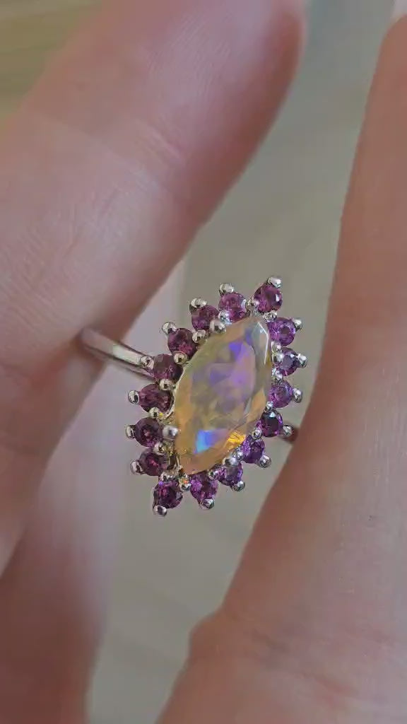 925 Sterling Silver Opal Rhodolite Garnet Halo Statement Ring Size N 1/2 3.90g