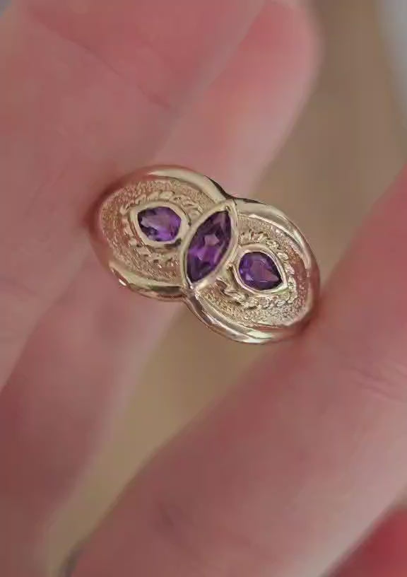 9ct Yellow Gold Amethyst Three Stone Statement Ring Size Q Hallmarked 3.60g
